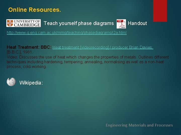 Online Resources. Teach yourself phase diagrams Handout http: //www-g. eng. cam. ac. uk/mmg/teaching/phasediagrams/i 2