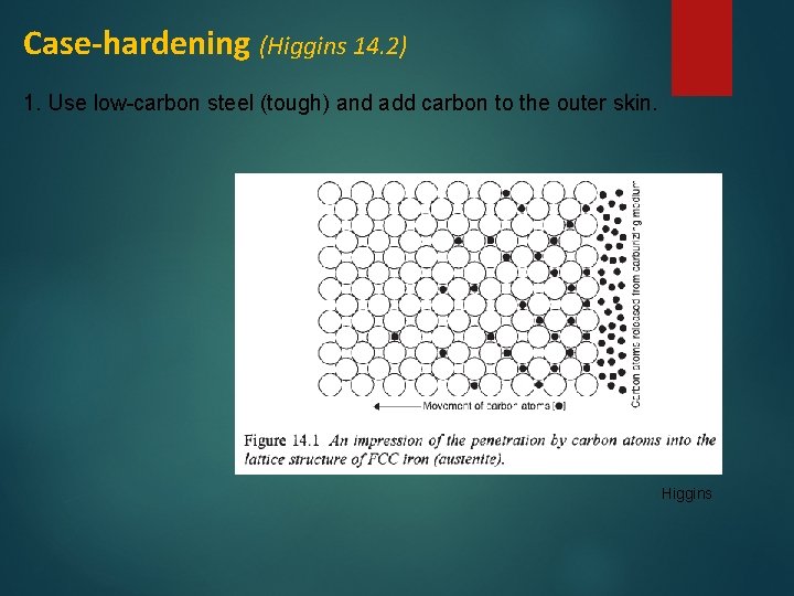 Case-hardening (Higgins 14. 2) 1. Use low-carbon steel (tough) and add carbon to the