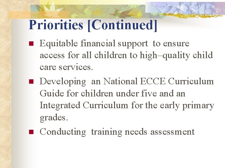 Priorities [Continued] n n n Equitable financial support to ensure access for all children