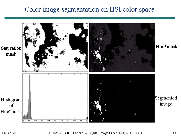 Color image segmentation on HSI color space Saturation mask Hue*mask Histogram of Hue*mask Segmented