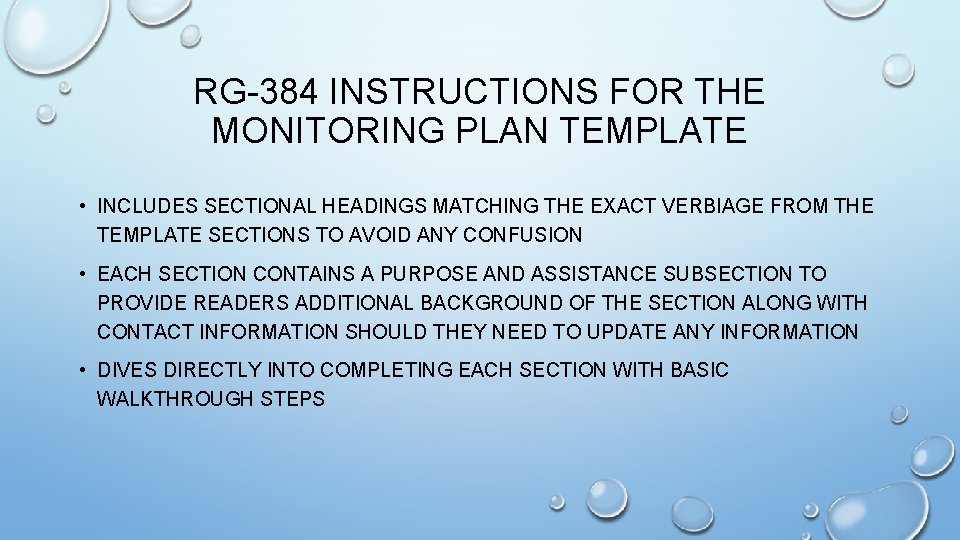RG-384 INSTRUCTIONS FOR THE MONITORING PLAN TEMPLATE • INCLUDES SECTIONAL HEADINGS MATCHING THE EXACT