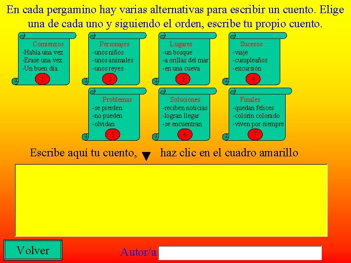 En cada pergamino hay varias alternativas para escribir un cuento. Elige una de cada