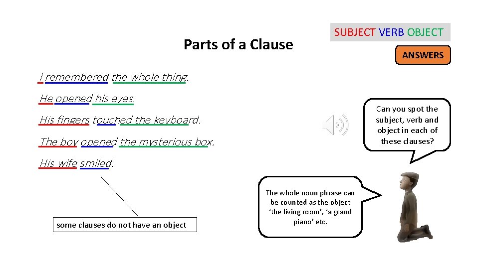 Parts of a Clause SUBJECT VERB OBJECT ANSWERS I remembered the whole thing. He