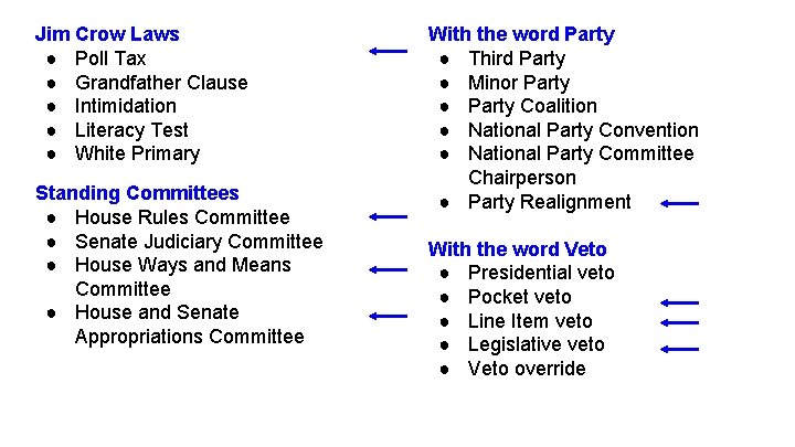 Jim Crow Laws ● Poll Tax ● Grandfather Clause ● Intimidation ● Literacy Test