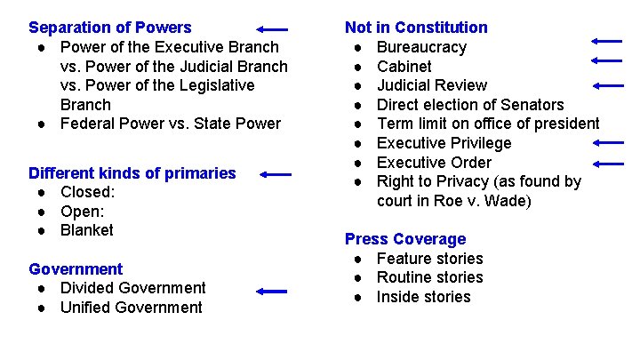 Separation of Powers ● Power of the Executive Branch vs. Power of the Judicial