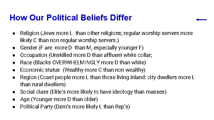 How Our Political Beliefs Differ ● Religion (Jews more L than other religions; regular