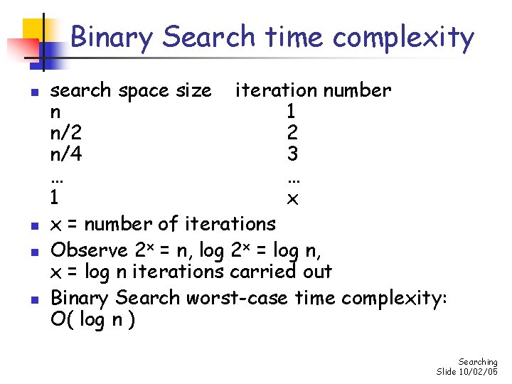 Binary Search time complexity n n search space size iteration number n 1 n/2