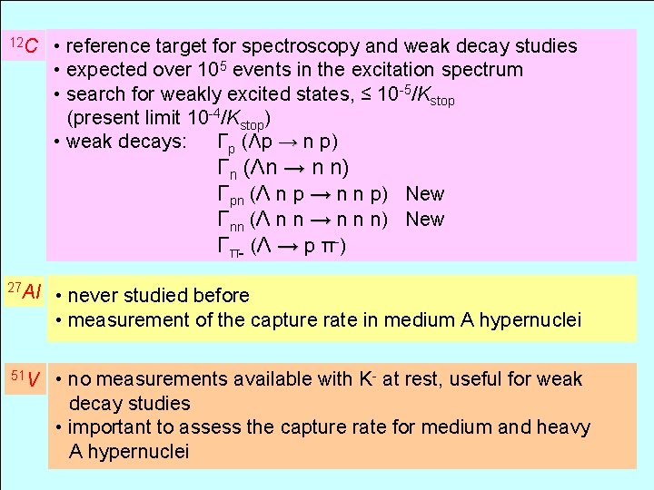 12 C • reference target for spectroscopy and weak decay studies • expected over