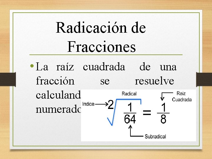 Radicación de Fracciones • La raíz cuadrada de una fracción se resuelve calculando la