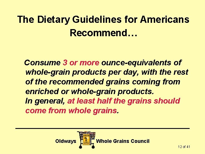 The Dietary Guidelines for Americans Recommend… Consume 3 or more ounce-equivalents of whole-grain products