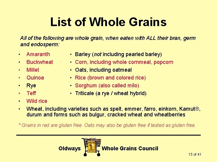 List of Whole Grains All of the following are whole grain, when eaten with