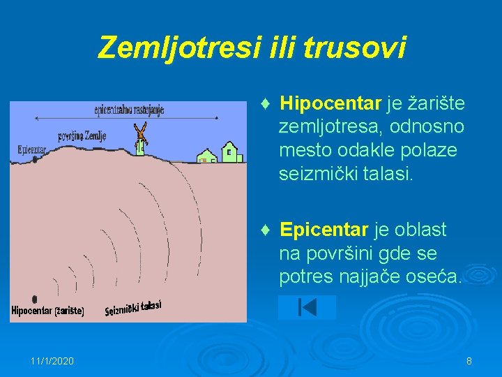 Zemljotresi ili trusovi ♦ Hipocentar je žarište zemljotresa, odnosno mesto odakle polaze seizmički talasi.