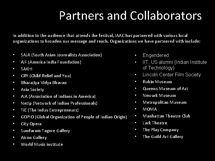 Partners and Collaborators In addition to the audience that attends the festival, IAAC has