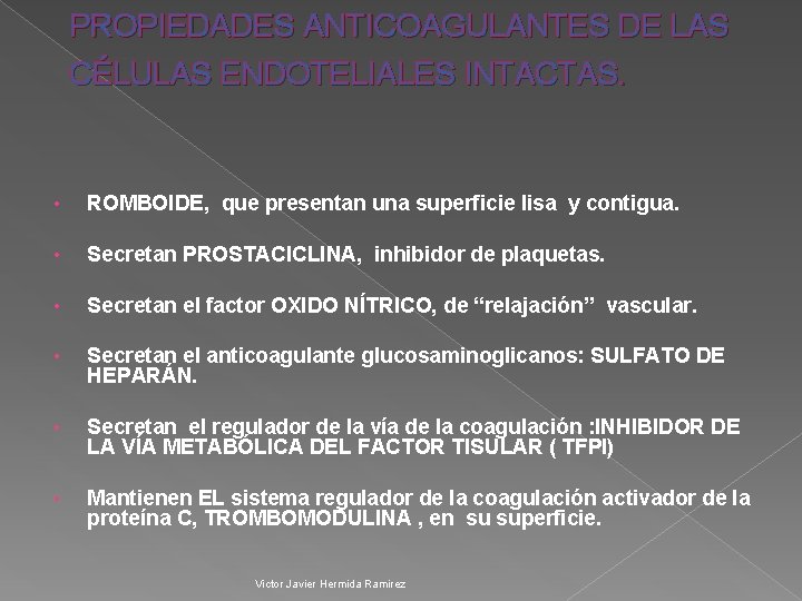 PROPIEDADES ANTICOAGULANTES DE LAS CÉLULAS ENDOTELIALES INTACTAS. • ROMBOIDE, que presentan una superficie lisa