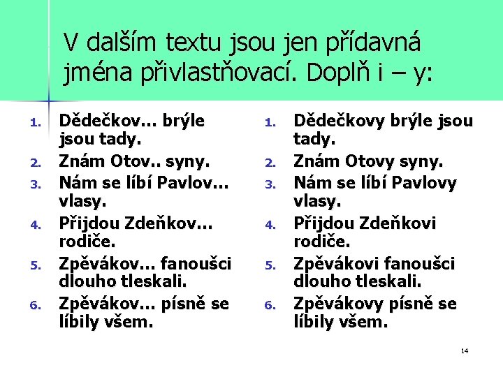 V dalším textu jsou jen přídavná jména přivlastňovací. Doplň i – y: 1. 2.