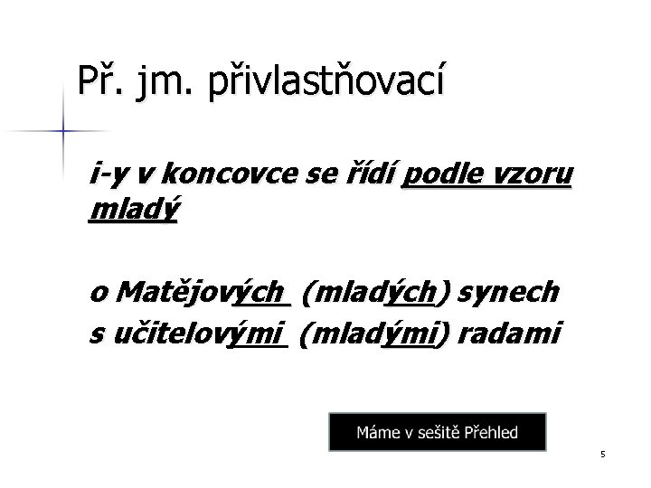 Př. jm. přivlastňovací i-y v koncovce se řídí podle vzoru mladý o Matějových (mladých)