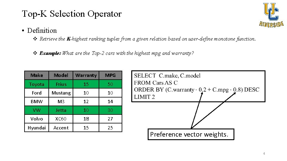 Top-K Selection Operator • Definition v Retrieve the K-highest ranking tuples from a given
