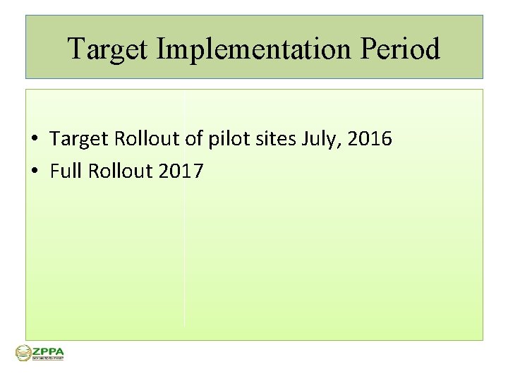Target Implementation Period • Target Rollout of pilot sites July, 2016 • Full Rollout