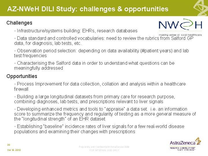 AZ-NWe. H DILI Study: challenges & opportunities Challenges • Infrastructure/systems building: EHRs, research databases AZ-NWe. H DILI Study: challenges & opportunities Challenges • Infrastructure/systems building: EHRs, research databases