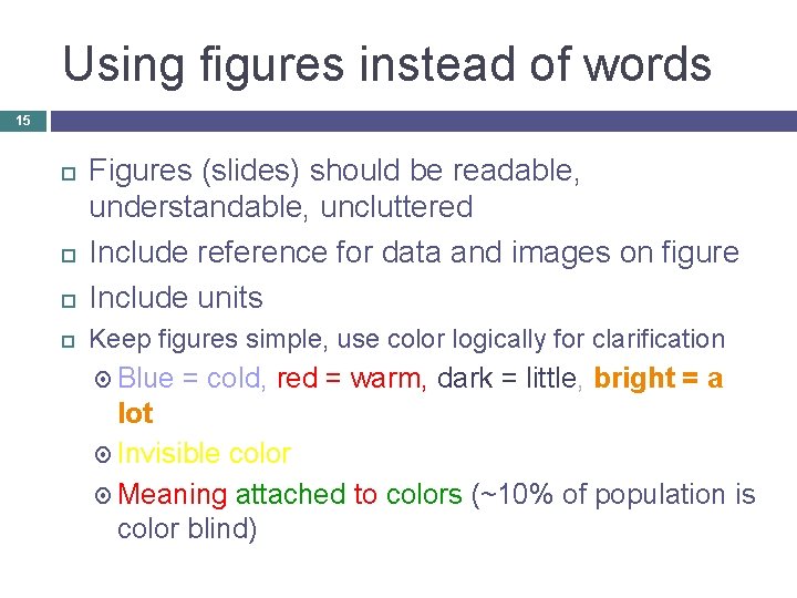 Using figures instead of words 15 Figures (slides) should be readable, understandable, uncluttered Include