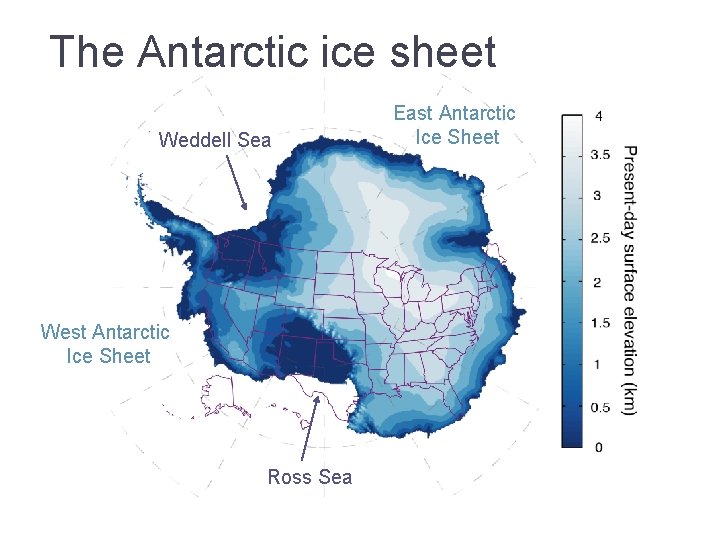 The Antarctic ice sheet Weddell Sea West Antarctic Ice Sheet Ross Sea East Antarctic