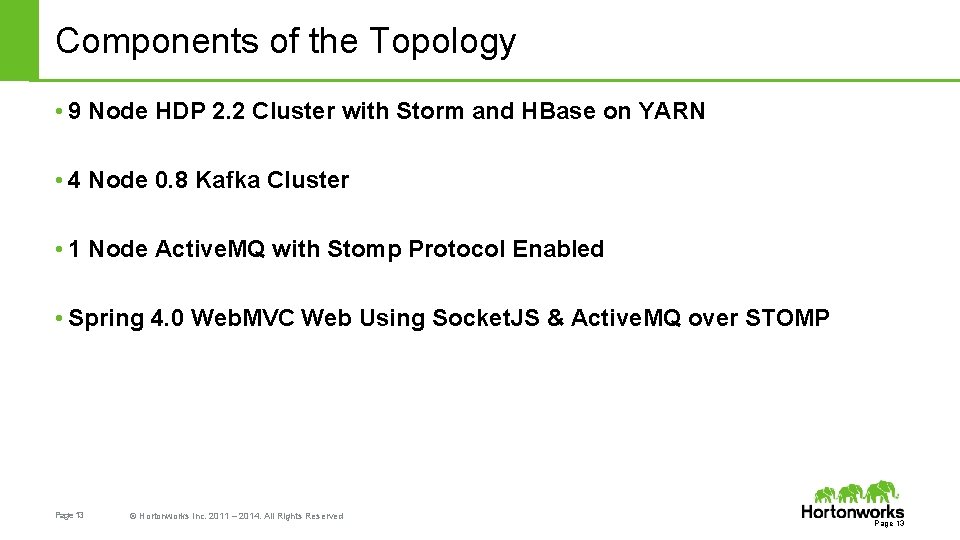 Components of the Topology • 9 Node HDP 2. 2 Cluster with Storm and