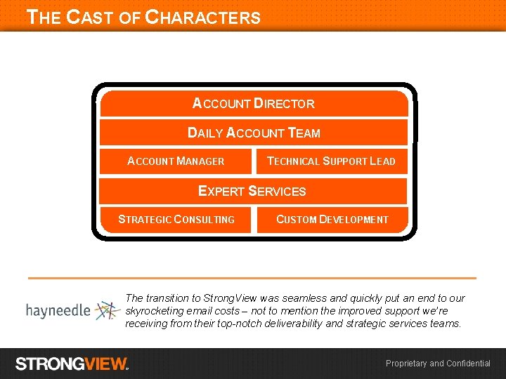 THE CAST OF CHARACTERS ACCOUNT DIRECTOR DAILY ACCOUNT TEAM ACCOUNT MANAGER TECHNICAL SUPPORT LEAD