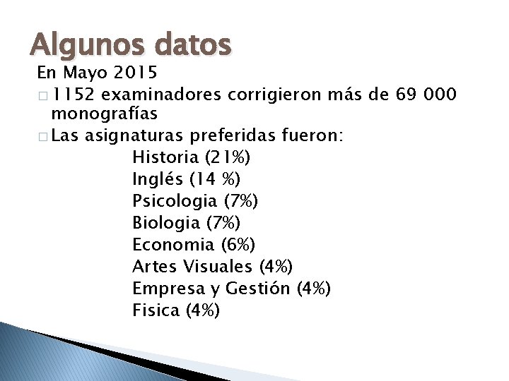 Algunos datos En Mayo 2015 � 1152 examinadores corrigieron más de 69 000 monografías