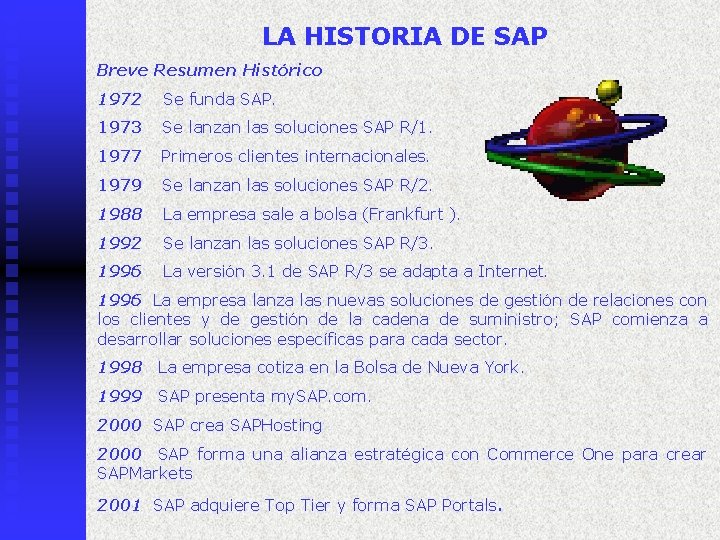 LA HISTORIA DE SAP Breve Resumen Histórico 1972 Se funda SAP. 1973 Se lanzan