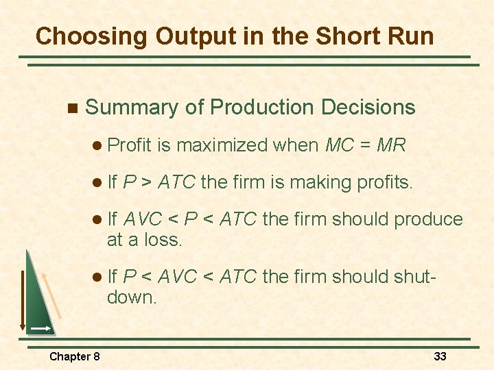 Choosing Output in the Short Run n Summary of Production Decisions l Profit l