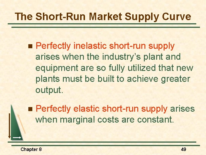 The Short-Run Market Supply Curve n Perfectly inelastic short-run supply arises when the industry’s