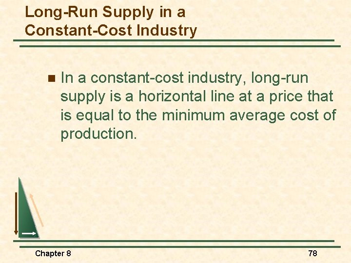 Long-Run Supply in a Constant-Cost Industry n In a constant-cost industry, long-run supply is