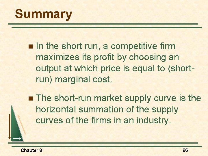 Summary n In the short run, a competitive firm maximizes its profit by choosing