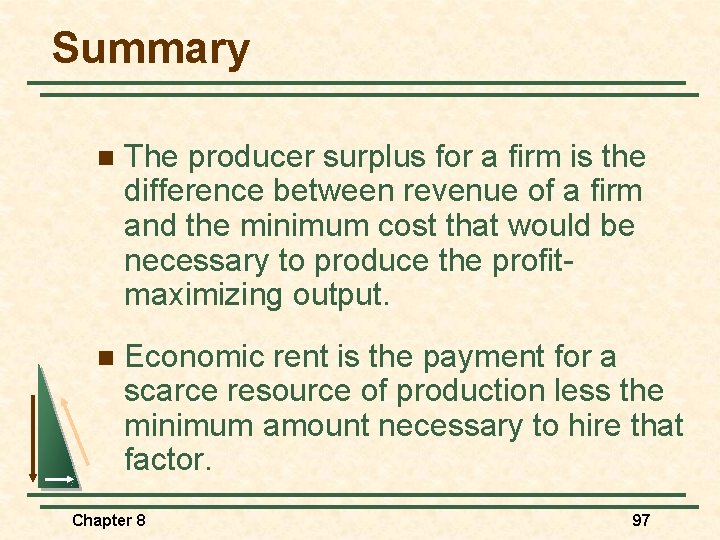 Summary n The producer surplus for a firm is the difference between revenue of