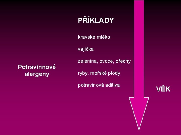 PŘÍKLADY kravské mléko vajíčka Potravinnové alergeny zelenina, ovoce, ořechy ryby, mořské plody potravinová aditiva