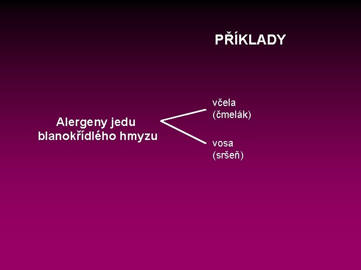 PŘÍKLADY Alergeny jedu blanokřídlého hmyzu včela (čmelák) vosa (sršeň) 