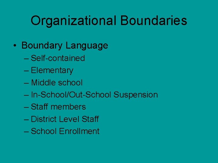 Organizational Boundaries • Boundary Language – Self-contained – Elementary – Middle school – In-School/Out-School