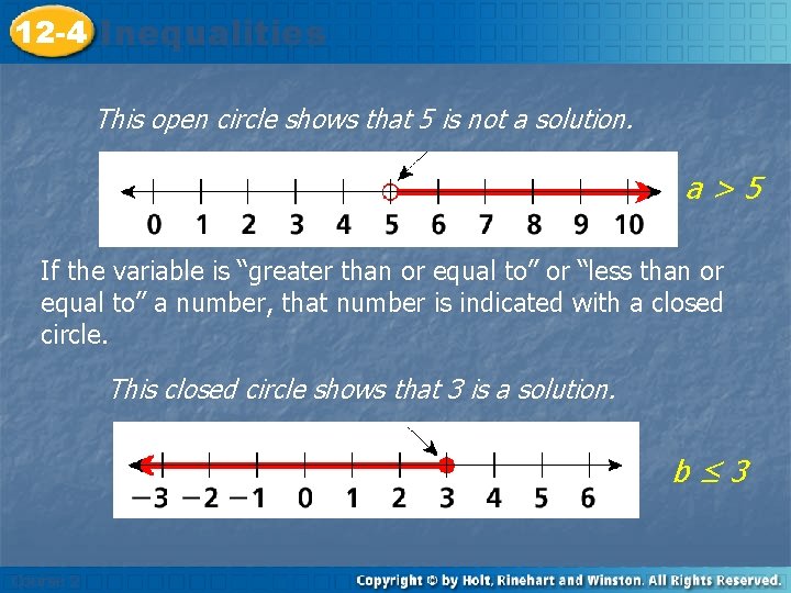 12 -4 Inequalities This open circle shows that 5 is not a solution. a>5