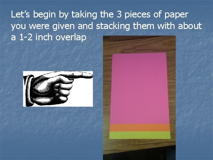 Let’s begin by taking the 3 pieces of paper you were given and stacking