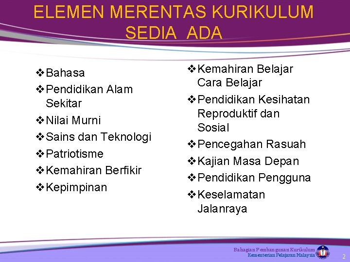 ELEMEN MERENTAS KURIKULUM SEDIA ADA v Bahasa v Pendidikan Alam Sekitar v Nilai Murni