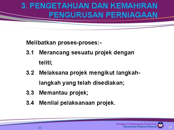 3. PENGETAHUAN DAN KEMAHIRAN PENGURUSAN PERNIAGAAN Melibatkan proses-proses: 3. 1 Merancang sesuatu projek dengan