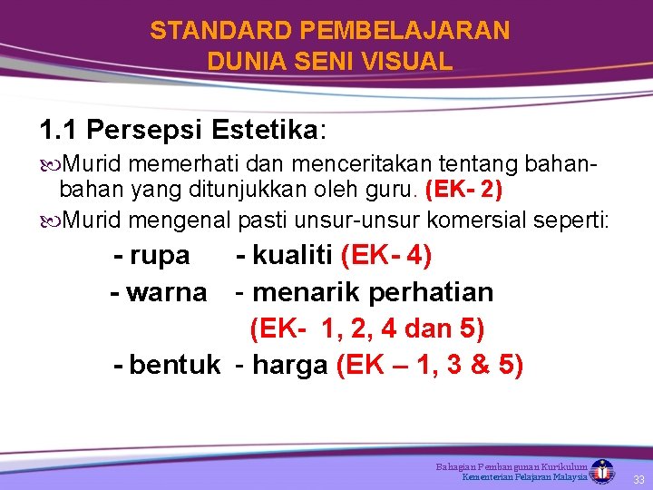 STANDARD PEMBELAJARAN DUNIA SENI VISUAL 1. 1 Persepsi Estetika: Murid memerhati dan menceritakan tentang