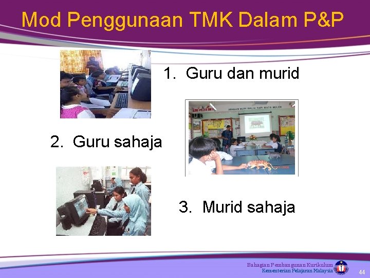 Mod Penggunaan TMK Dalam P&P 1. Guru dan murid 2. Guru sahaja 3. Murid