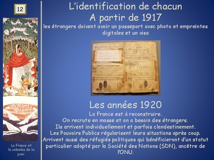 12 L’identification de chacun A partir de 1917 les étrangers doivent avoir un passeport