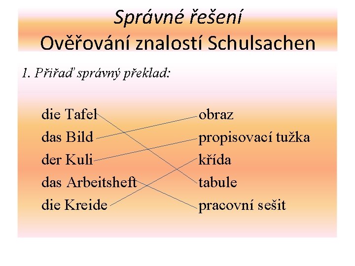 Správné řešení Ověřování znalostí Schulsachen 1. Přiřaď správný překlad: die Tafel das Bild der