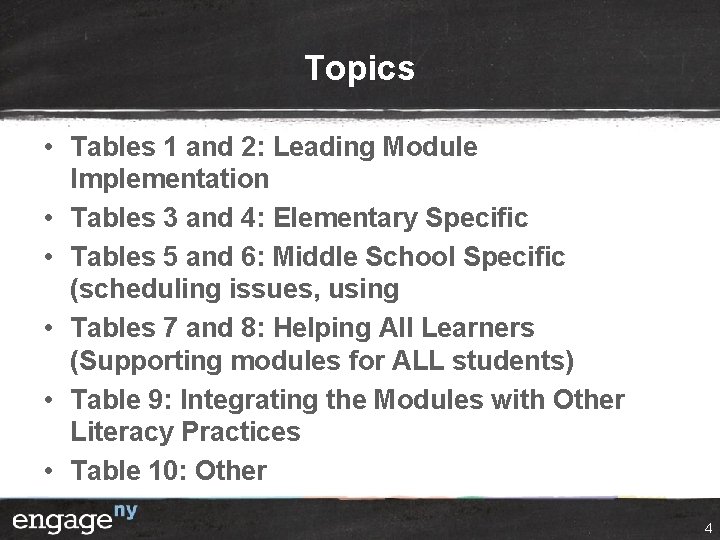 Topics • Tables 1 and 2: Leading Module Implementation • Tables 3 and 4: