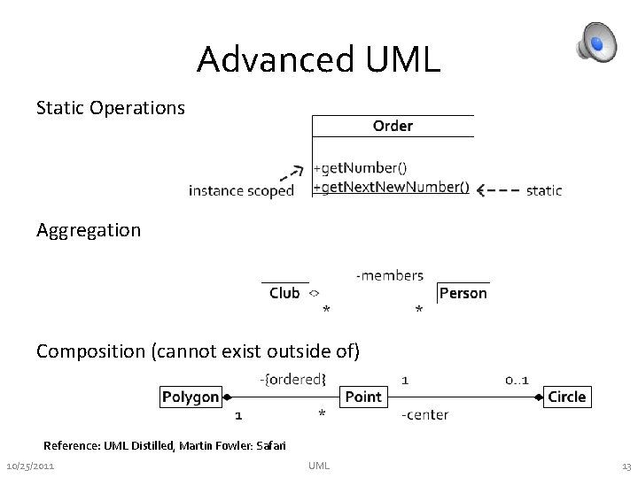 Advanced UML Static Operations Aggregation Composition (cannot exist outside of) Reference: UML Distilled, Martin