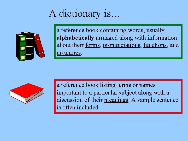 A dictionary is… a reference book containing words, usually alphabetically arranged along with information