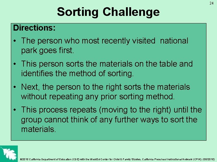 Sorting Challenge 24 Directions: • The person who most recently visited national park goes