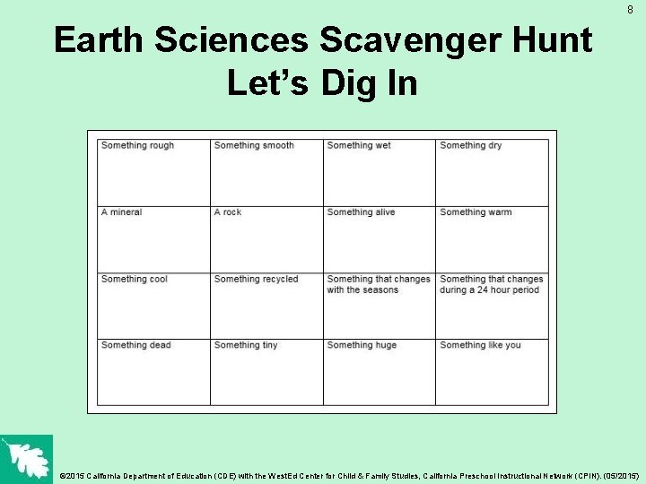 8 Earth Sciences Scavenger Hunt Let’s Dig In © 2015 California Department of Education